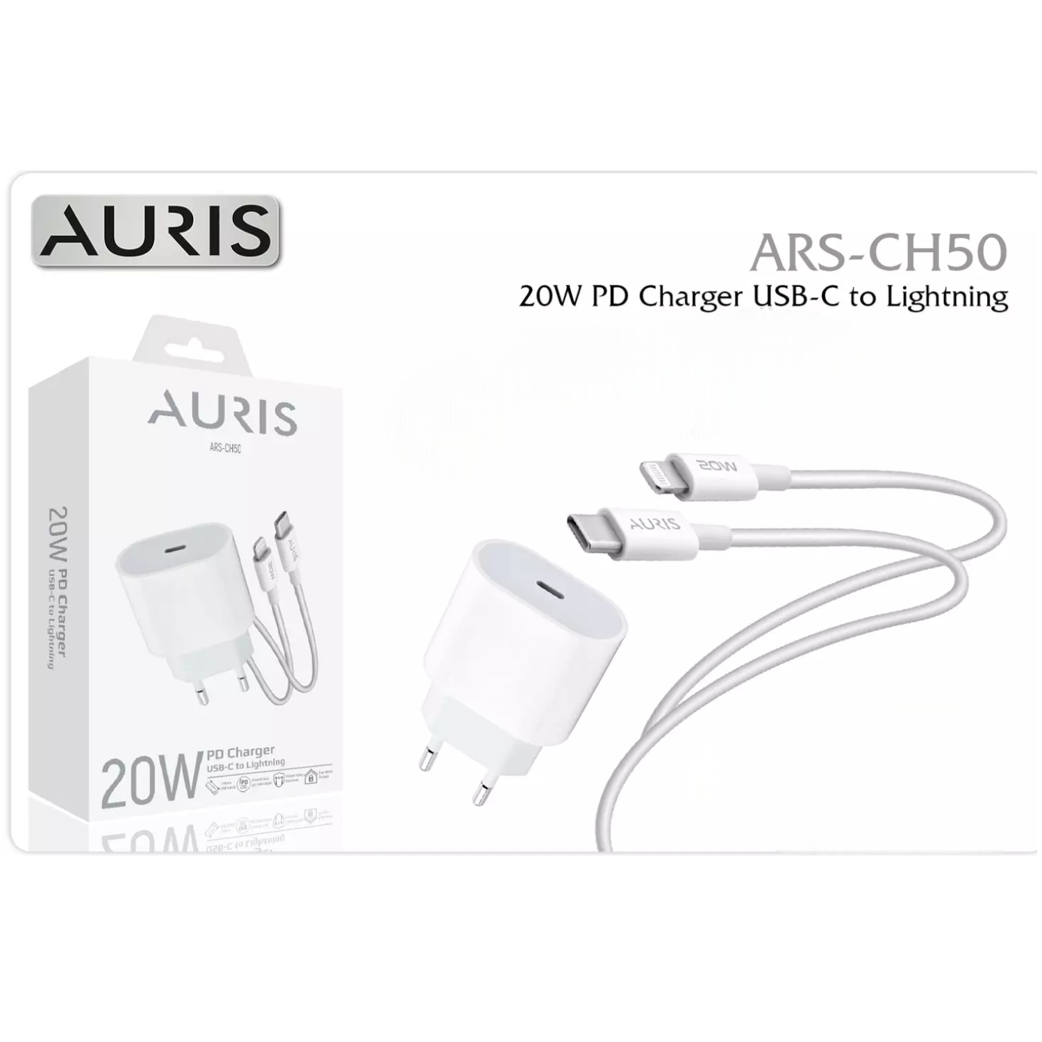 Auris CH50 20W PD Type-C to Lightning Beyaz Şarj Aleti