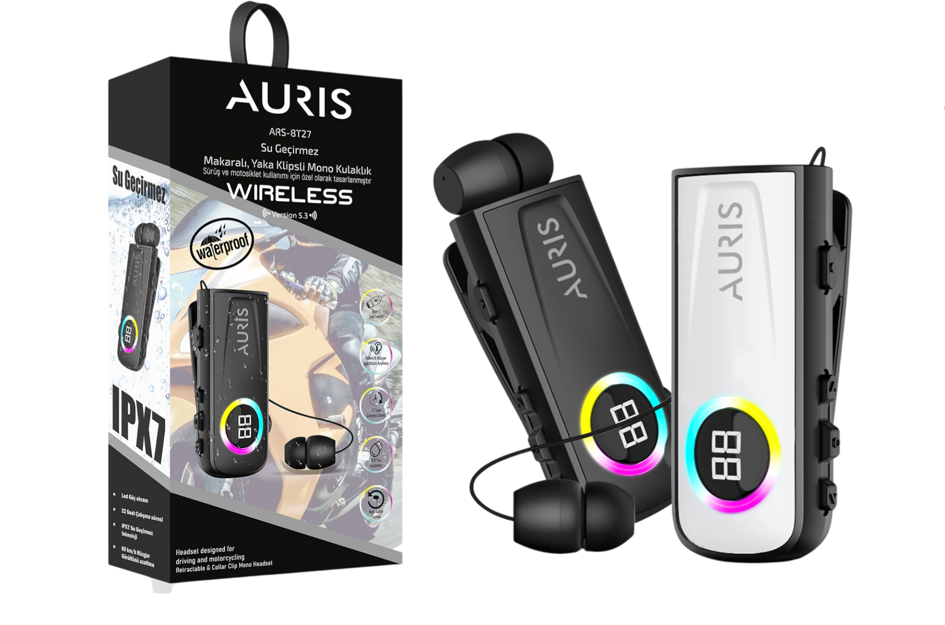 Auris Ars-Bt27 Makaralı Yaka Klipsli Led Göstergeli Su Geçirmez Bluetooth Kulaklık