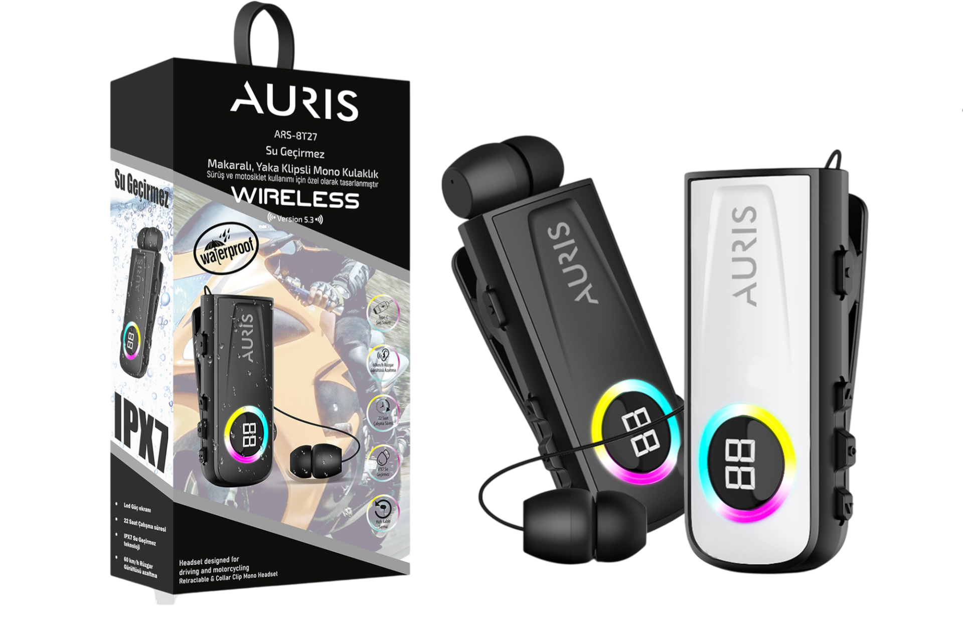 Auris Ars-Bt27 Makaralı Yaka Klipsli Led Göstergeli Su Geçirmez Bluetooth Kulaklık