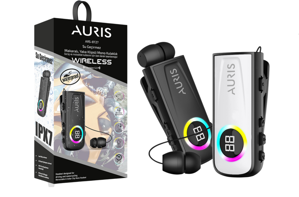 Auris Ars-Bt27 Makaralı Yaka Klipsli Led Göstergeli Su Geçirmez Bluetooth Kulaklık