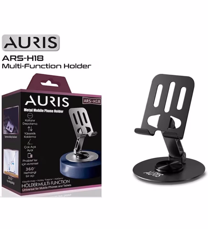 AURIS ARS-H18 – Metal 360 Derece Dönebilen Kaydırmaz Katlanabilir Masa Üstü Telefon Tutucu