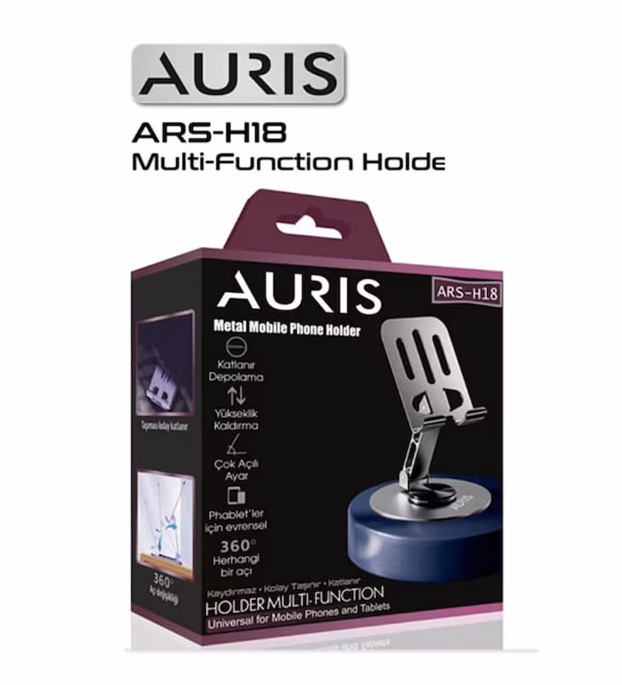 AURIS ARS-H18 – Metal 360 Derece Dönebilen Kaydırmaz Katlanabilir Masa Üstü Telefon Tutucu