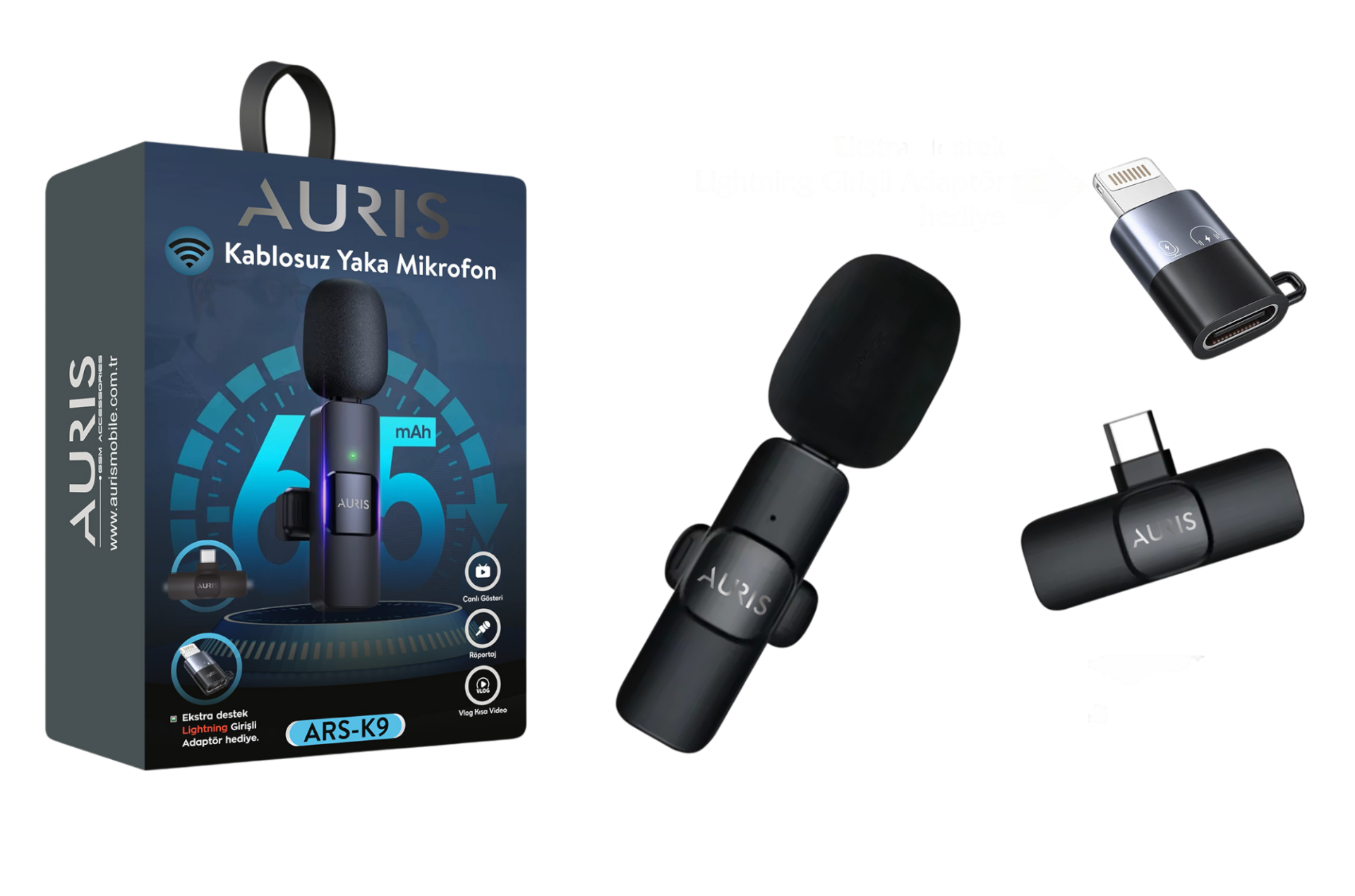 Auris K9 Kablosuz Yaka Mikrofonu + Lightning Girişli Adaptör Hediye